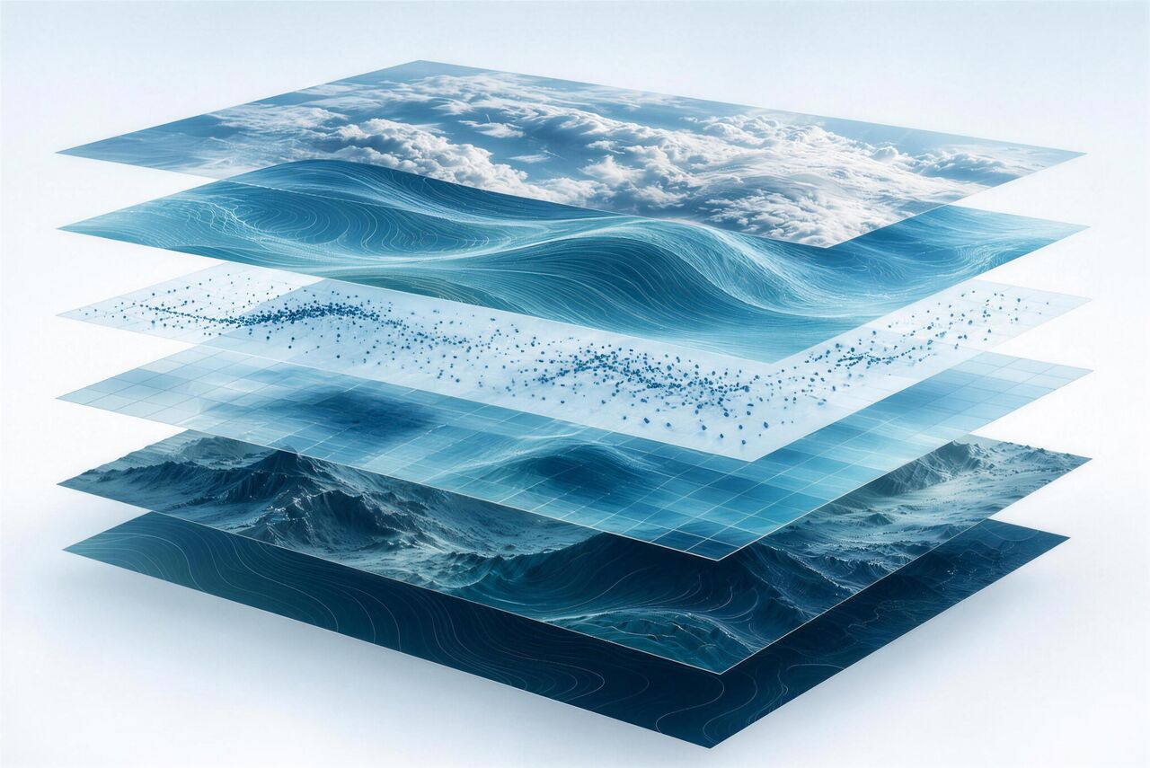 Illustration: stacked layers for atmosphere, waves, species records, a data grid, the seabed and depth contours